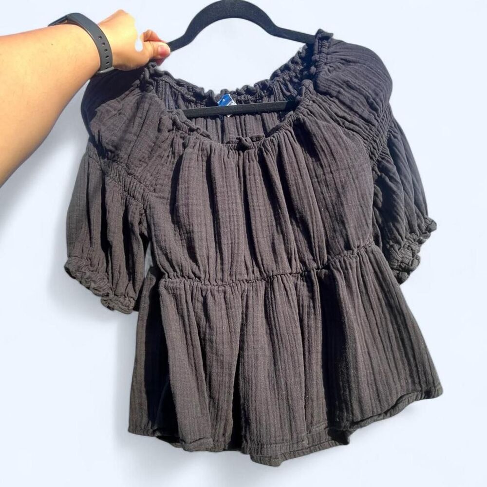 OLD NAVY SIZE SMALL Black 100% Cotton Double Gauze Puff Sleeve Babydoll Blouse - Picture 2 of 7